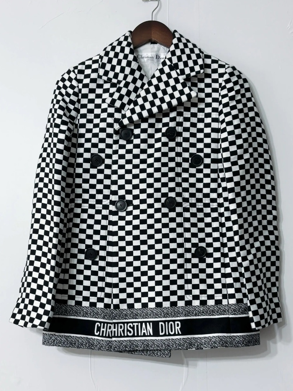 Dior Black & White Checkered Double-Breasted Pea Coat